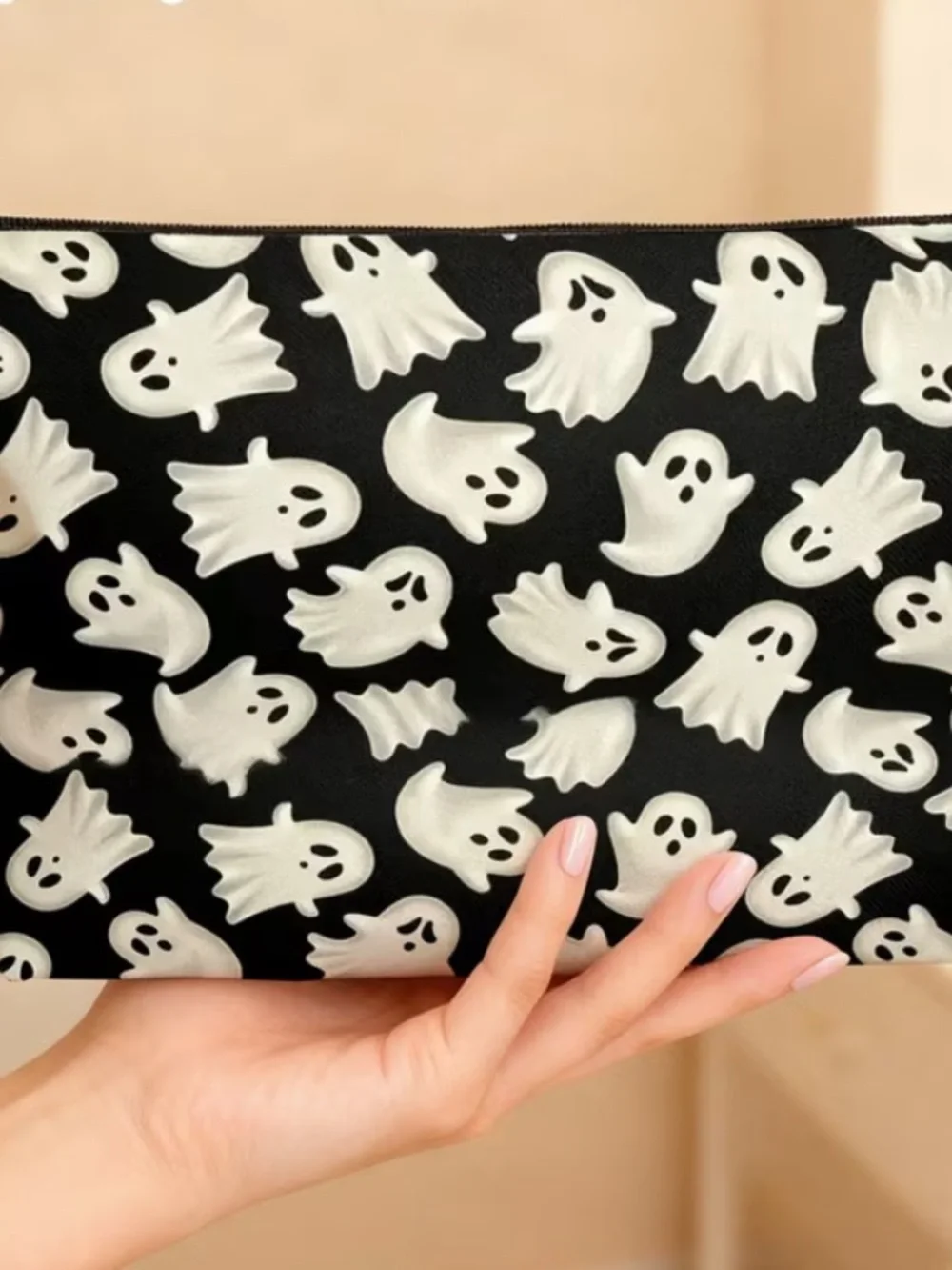 Ghost Halloween Themed Print Cosmetic Pouch in Black & White
